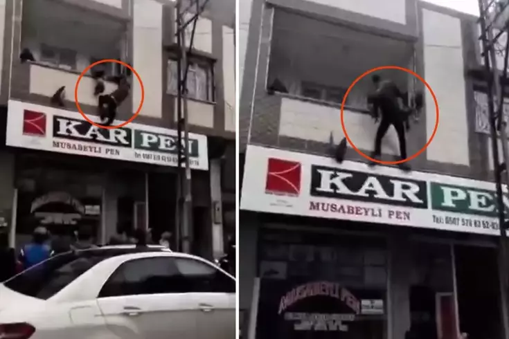 Balkon demirlerine asılı kalan çocuğu sokaktaki kahraman kurtardı