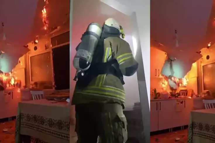 Yangında tavan çöktü, itfaiye ekipleri ölümden döndü... O anlar kameraya yansıdı