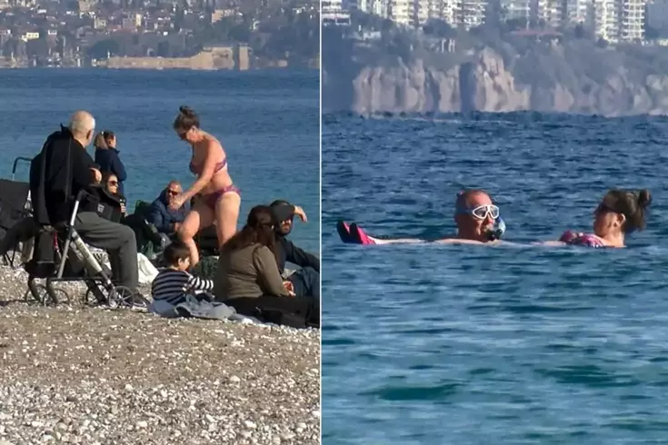 Görüntü Türkiye'den! Herkes üşürken onlar yüzdü