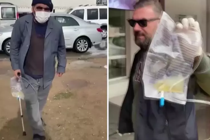 Sonda tüpüne meyve suyu koyup dilencilik yapan şahıs yakalandı