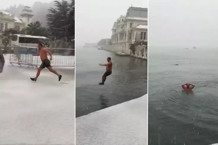 Kar yağışına aldırış etmedi: -6 derecede deniz keyfi