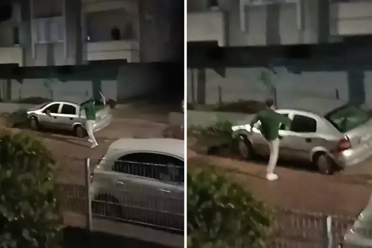 Camlarını kırdığı otomobile ışıklı çiçek buketi fırlattı; o anlar kamerada