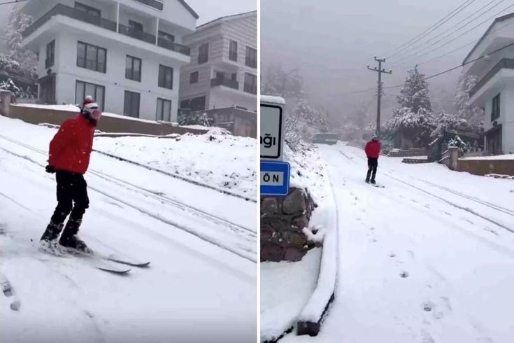 Şehir merkezinde kayak yaptı