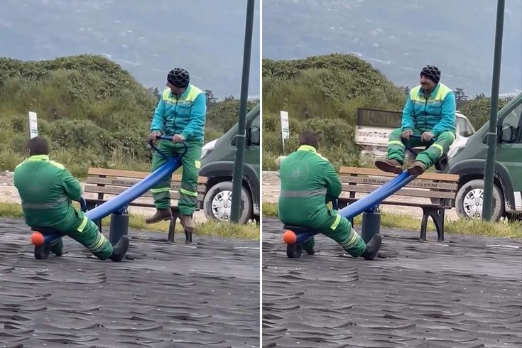 Kalpleri ısıtan görüntü: Temizlik işçileri tahterevallide eğlendi