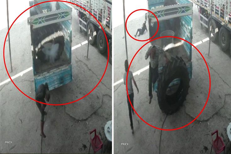 Hava basılan traktör lastiği bomba gibi patladı, işçilere hayatlarının şokunu yaşattı