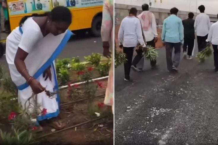 Havalimanı açılışına damga vuran görüntü! Çiçekleri söküp eve götürdüler