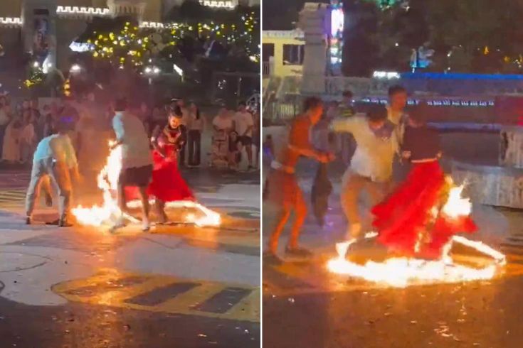 Dansçının zor anları: Eteği birden alev aldı