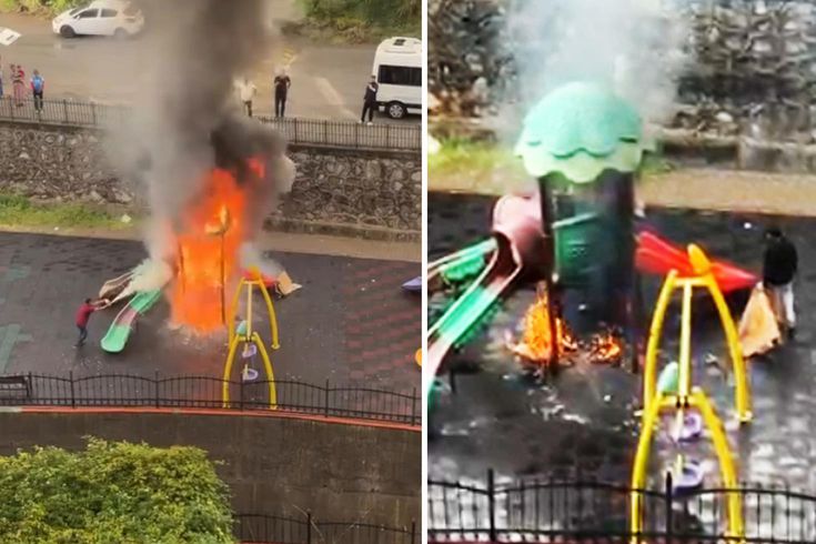 In Zonguldak, children claiming to be 'cold' set the slide on fire.
