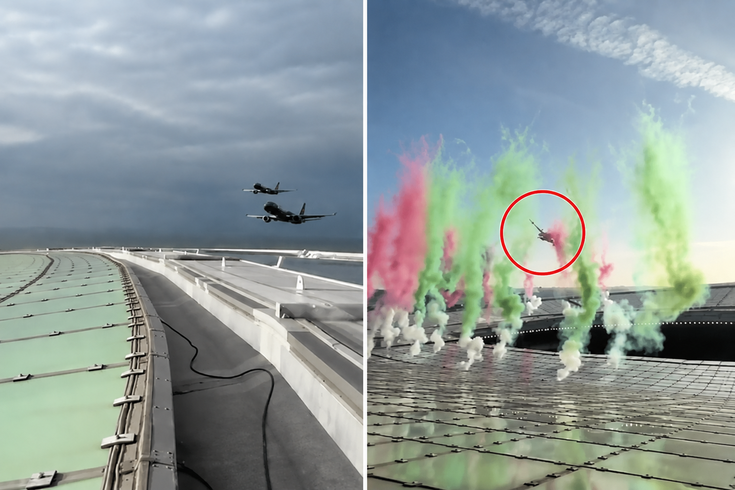 A heart-stopping show: Two passenger planes passed tangentially over the stadium.