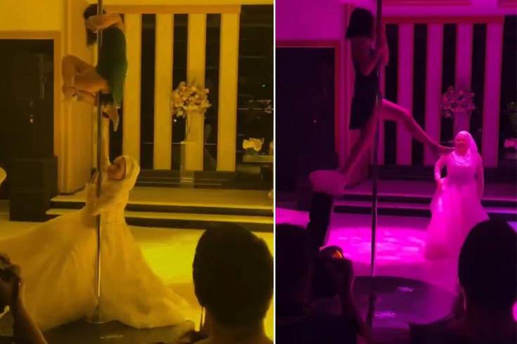 Tartışma yaratan görüntü! Tesettürlü gelin, direk dansı yapan dansçıya eşlik etti