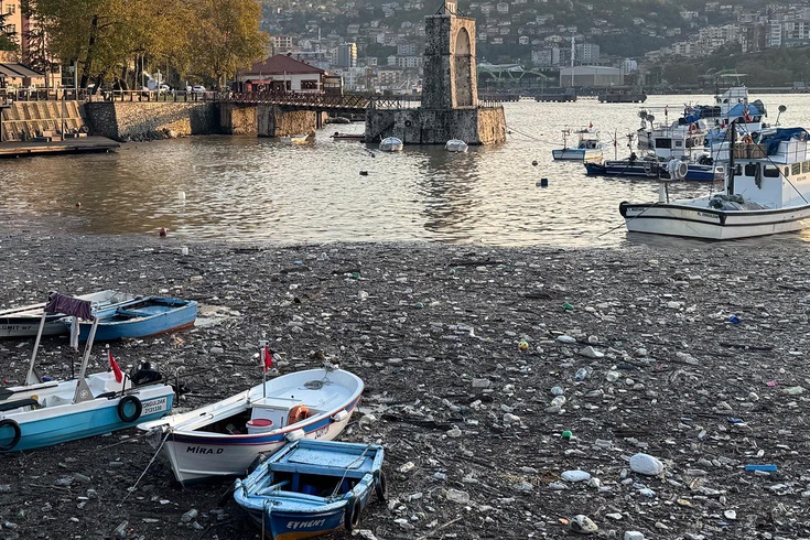 Zonguldak'ta sağanak sonrası derelerden sürüklenen çöpler limanda birikti