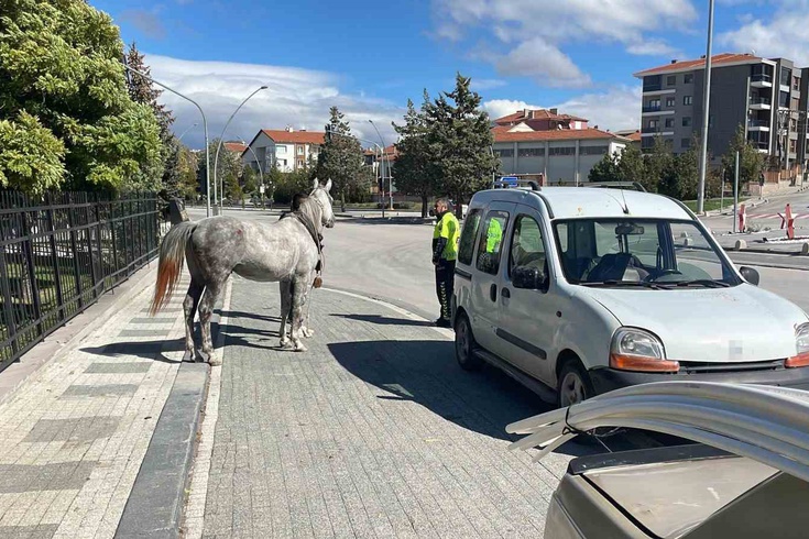 Karaman'da bağlı yerden kaçan at, koşarak gelip otomobile arkadan çarptı! O anlar kamerada