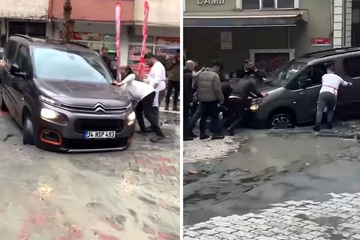 Yağmur sonrası yol çöktü, araçlar çukura düştü