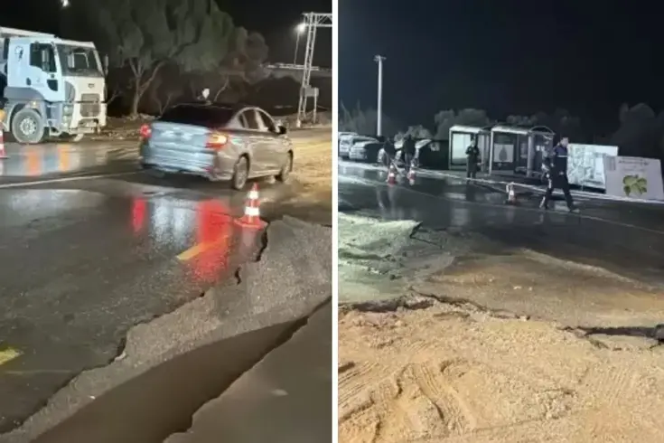 Bodrum'da ana su isale hattı patladı, asfalt çöktü