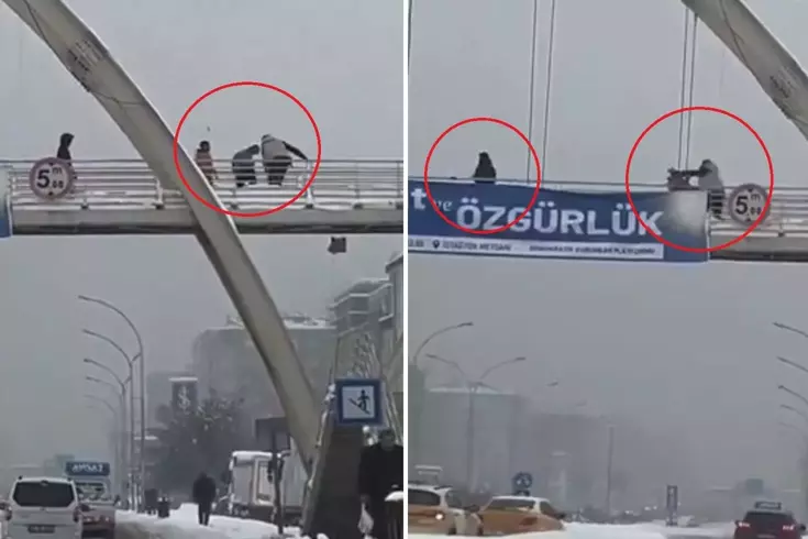 Üst geçitte kar topu atan çocukları yumruklayıp, yerde tekmeledi