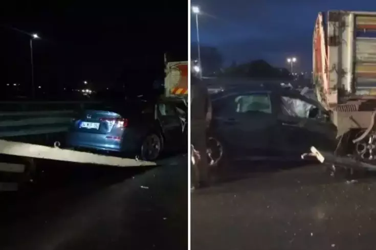 Seyir halindeyken tekeri kopan otomobil kamyona çarptı