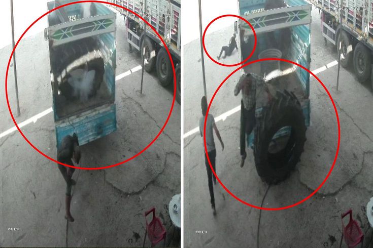 Hava basılan traktör lastiği bomba gibi patladı, işçilere hayatlarının şokunu yaşattı