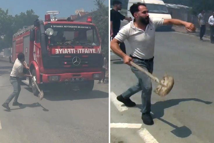 Silivri'de yangın ihbarına giden itfaiye ekibine kürek fırlattı