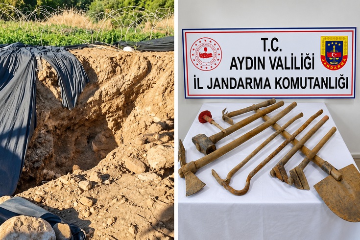 Aydın Nazilli'de çilek bahçesinde kaçak kazı yapan 6 şüpheli suçüstü yakalandı