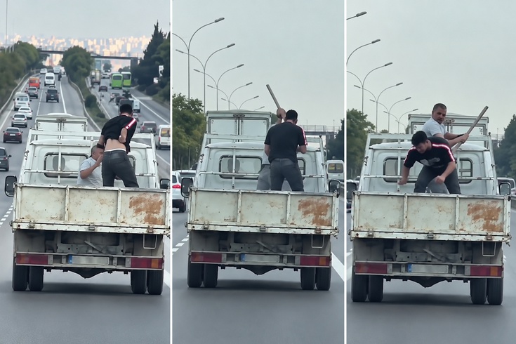 D-100’de tehlikeli kavga! Hareket halindeki kamyonetin kasasında yumruklaştılar