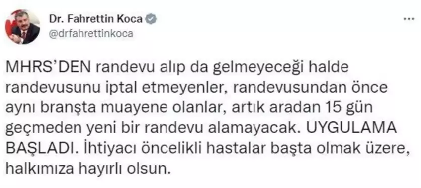 Bakan Koca: Gelmeyeceği randevusunu iptal etmeyenler 15 gün randevu alamayacak