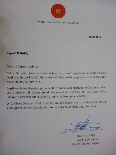 Dağlıca'ya Yöresel Yemeğe Cumhurbaşkanlığı'ndan Teşekkür Belgesi Dağlıca'ya Yöresel Yemeğe Cumhurbaşkanlığı'ndan Teşekkür Belgesi
