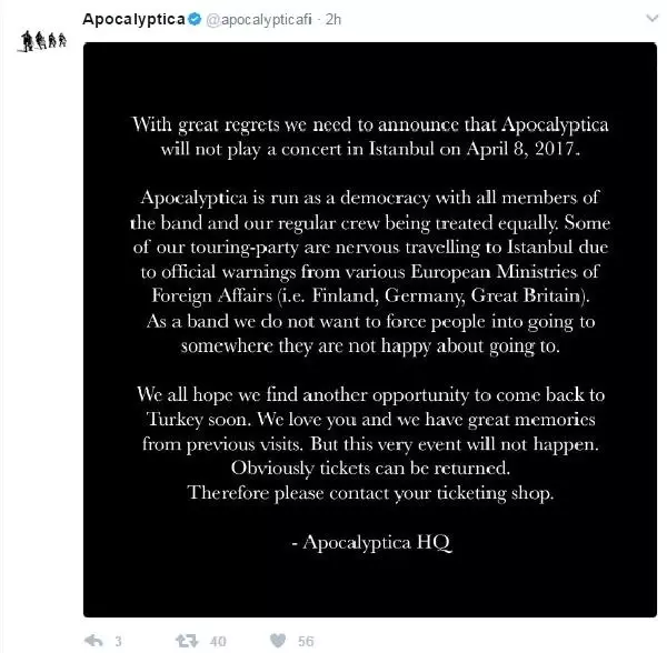 Apocalyptica, Türkiye Konserini İptal Etti