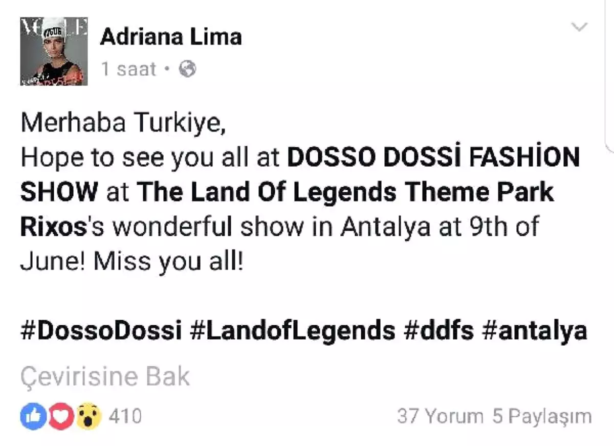 Adriana Lima'dan Türkiye Mesajı: Hepinizi Özledim