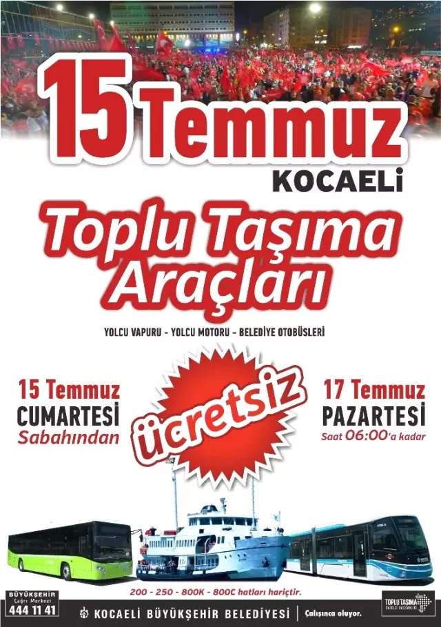 Kocaeli'de Ulaşım 17 Temmuz'a Kadar Ücretsiz
