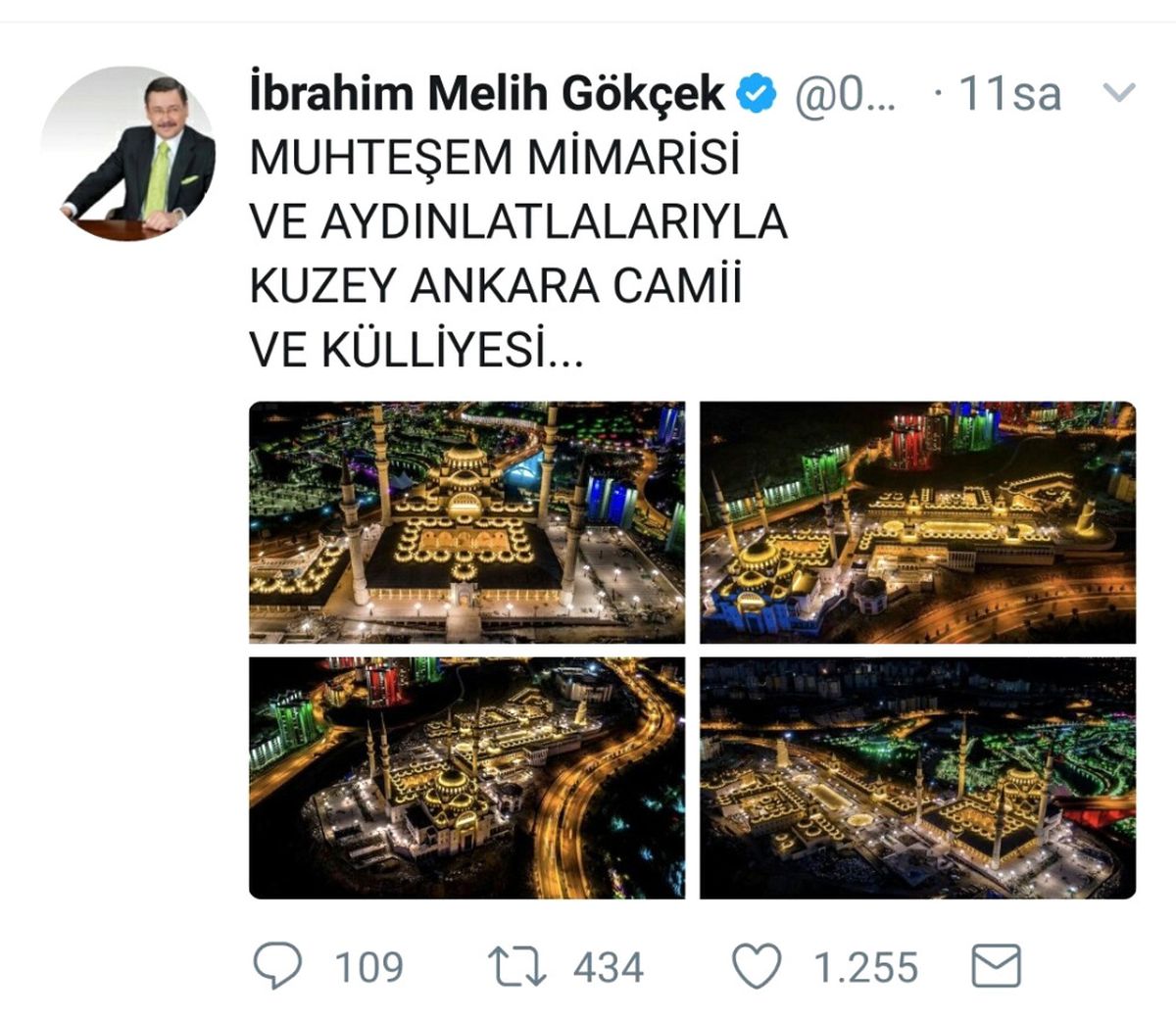 Melih Gökçek'ten 'Kuzey Ankara Camii ve Külliyesi' Paylaşımı