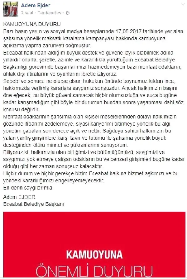 Ak Partili Belediye Başkanı Ejder'e Hapis Cezası Ak Partili Belediye Başkanı Ejder'e Hapis Cezası