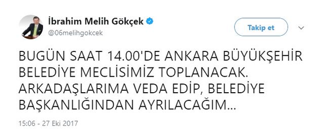 Gökçek, bugün 14:00'te istifasını verecek
