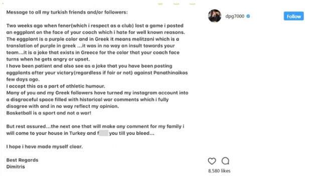 Panathinaikos Başkanı Dimitris Giannakopoulos''dan Instagram''da Türk Taraftara Küfür Etti