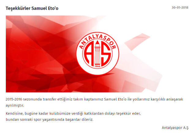 Antalyaspor, Samuel Eto'o'nun Takımdan Ayrıldığını Duyurdu