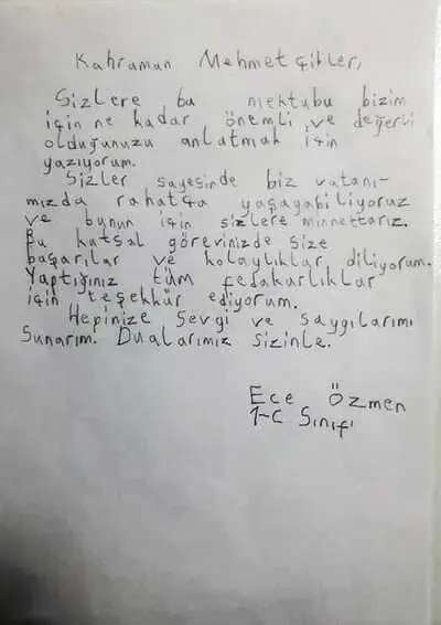 Erzurumlu Minik Ece'den Mehmetçiğe Mektup