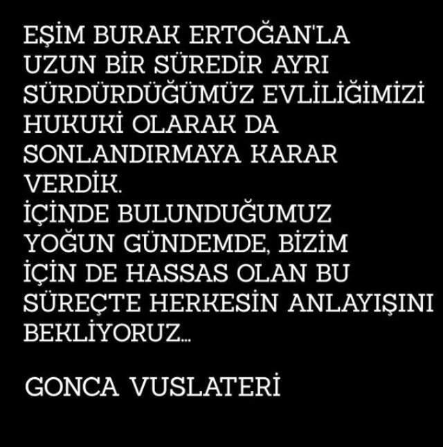 Gonca Vuslateri, Sosyal Medyadan Duyurdu: Boşanıyoruz