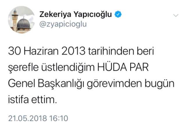 HÜDAPAR Genel Başkanı Zekeriya Yapıcıoğlu, Görevinden İstifa Etti