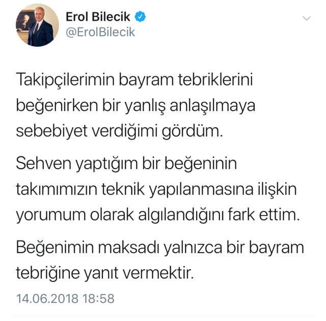 Fenerbahçeli Yönetici Erol Bilecik, 'Aykut Kocaman'ı Kovabilirsiniz' Paylaşımını Beğendi