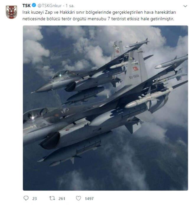 Irak'ın Zap ile Hakkari Sınır Bölgelerine Yönelik Hava Harekatında 7 Terörist Öldürüldü