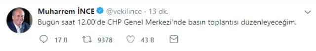 İnce, Twitter'dan Duyurdu: 12:00'de CHP Genel Merkezi'nde Basın Toplantısı Düzenleyeceğim