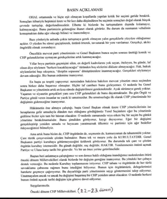 CHP'li Eski Milletvekilleri Kurultay Çağrısında Bulundu