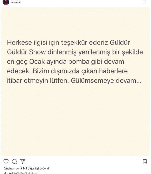 Ali Sunal, Sosyal Medya Hesabından ’Güldür Güldür Show’un Devam Edeceğini Duyurdu