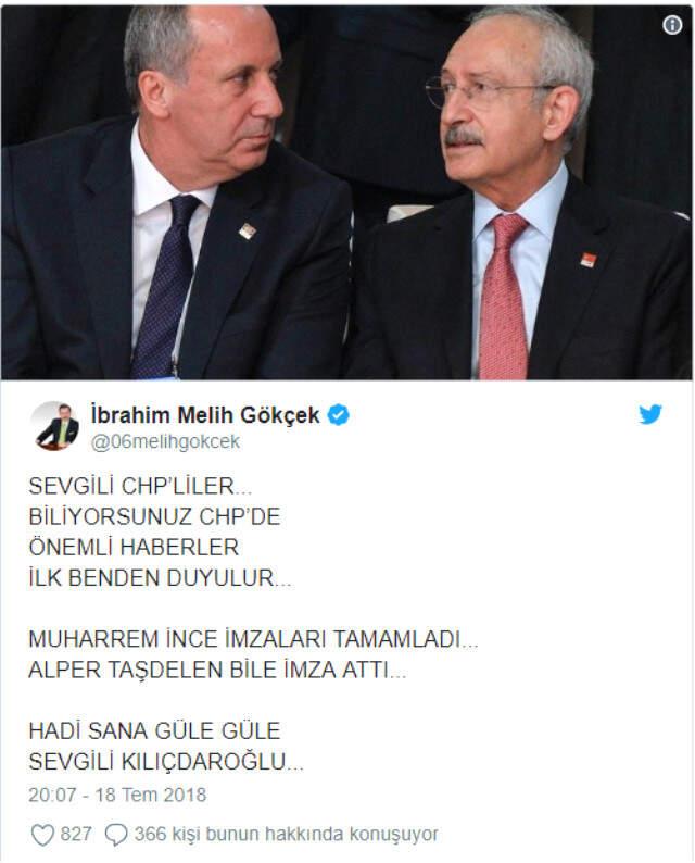 Melih Gökçek'ten Muharrem İnce tweeti!