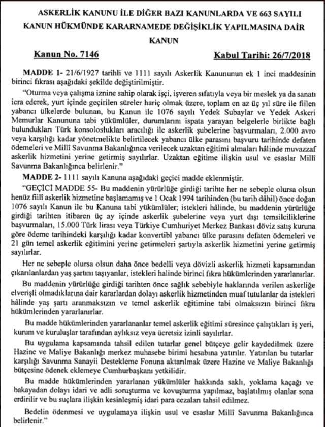 Bedelli Askerlik Düzenlemesini İçeren Torba Yasa Resmi Gazete'de Yayımlandı