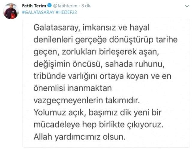 Fatih Terim, Sosyal Medya Hesabından Galatasaray Taraftarına Mesaj Gönderdi
