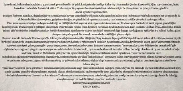 Ersun Yanal, Trabzonspor'un Kendisi Hakkındaki Açıklamalarına Yanıt Verdi