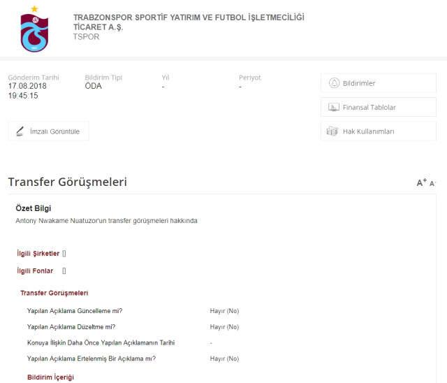 Trabzonspor, Yeni Transferi Anthony Nwakaeme'yi KAP'a Bildirdi