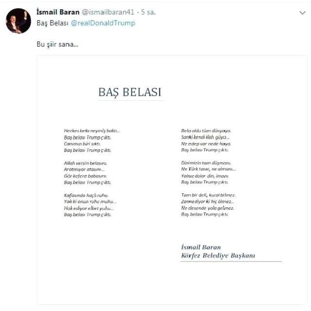 Kocaeli'nin Körfez İlçesi Belediye Başkanı İsmail Baran, Trump'a Şiir Yazdı