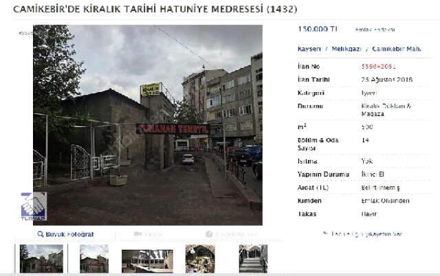 Kayseri'de, 586 Yıllık Hatuniye Medresesi, Kiraya Çıkarıldı