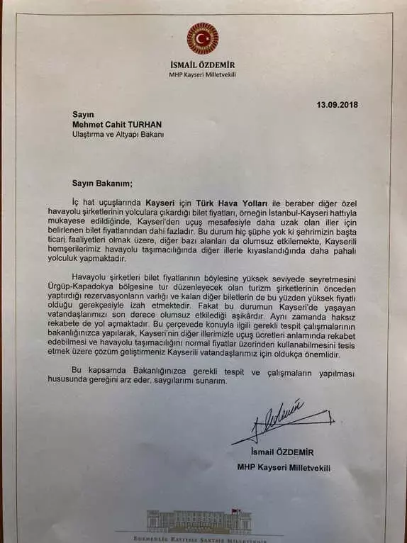 Kayseri'nin Uçak Fiyatlarında İndirim Talebi